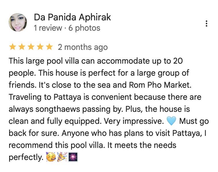 5-star Google review from Da Panida Aphirak: This large pool villa can accommodate up to 20 people. Perfect for a large group of friends, close to the sea and Rom Pho Market.